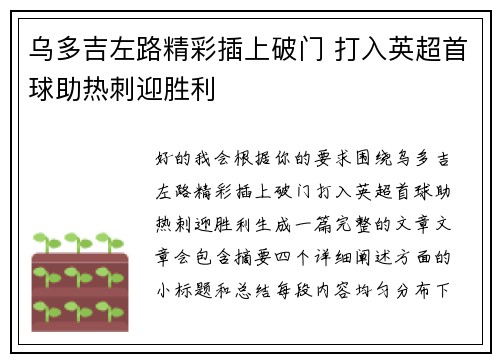 乌多吉左路精彩插上破门 打入英超首球助热刺迎胜利