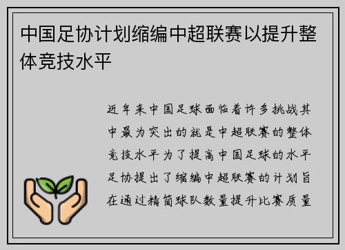 中国足协计划缩编中超联赛以提升整体竞技水平 中国足协计划缩编中超联赛以提升整体竞技水平